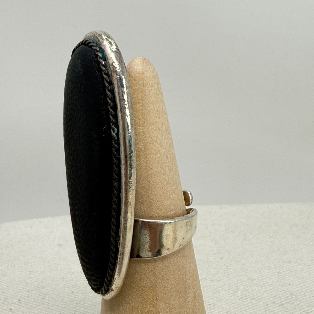 Nature‎ Bijoux Elongated Oval Ring Black Statement Silver Tone Adjustable Band